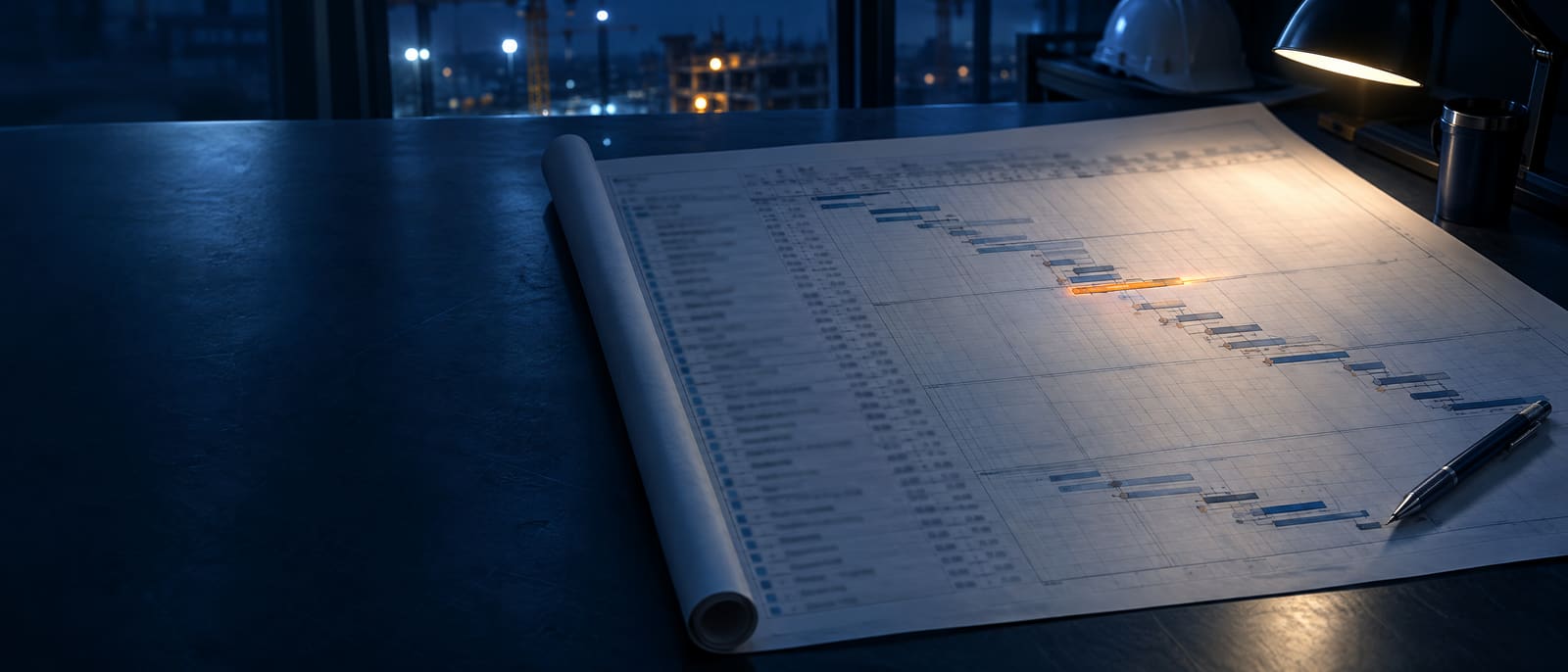 Un grand planning de chantier imprimé, déroulé sur la table d'un bureau de chantier la nuit, une barre surlignée d'orange